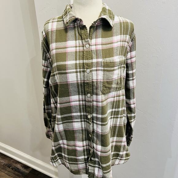 GAP Tops - GAP Women's Boyfriend Flannel Piper Large Olive Green Pink (A0129)